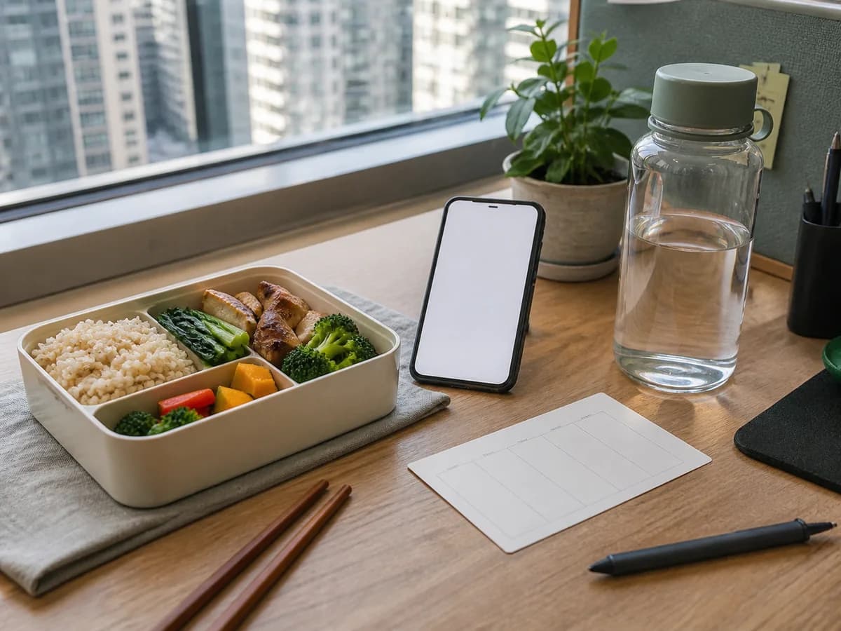 香港辦公桌上有外食飯盒、空白手機、水樽同記錄紙,代表整理一星期飲食習慣
