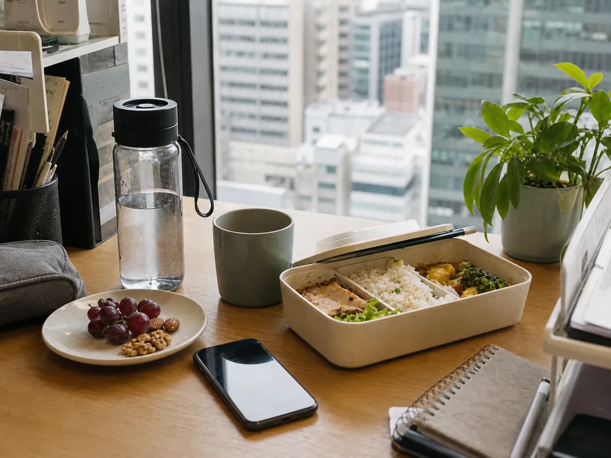香港辦公桌上有外食飯盒、飲品、水樽同記錄本,代表上班族飲食習慣