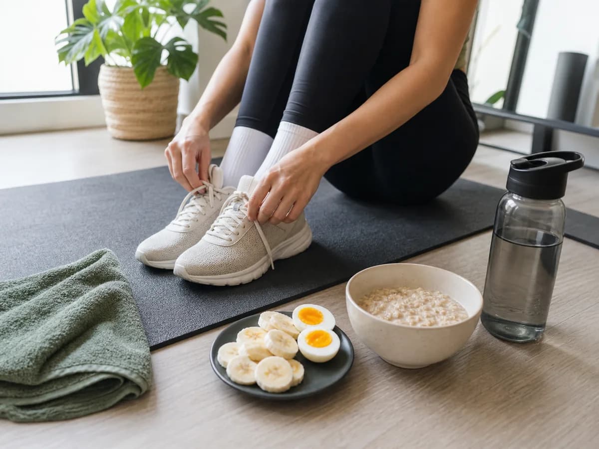 運動後有人綁鞋,旁邊有簡單食物、水樽同毛巾,代表上堂後補充節奏